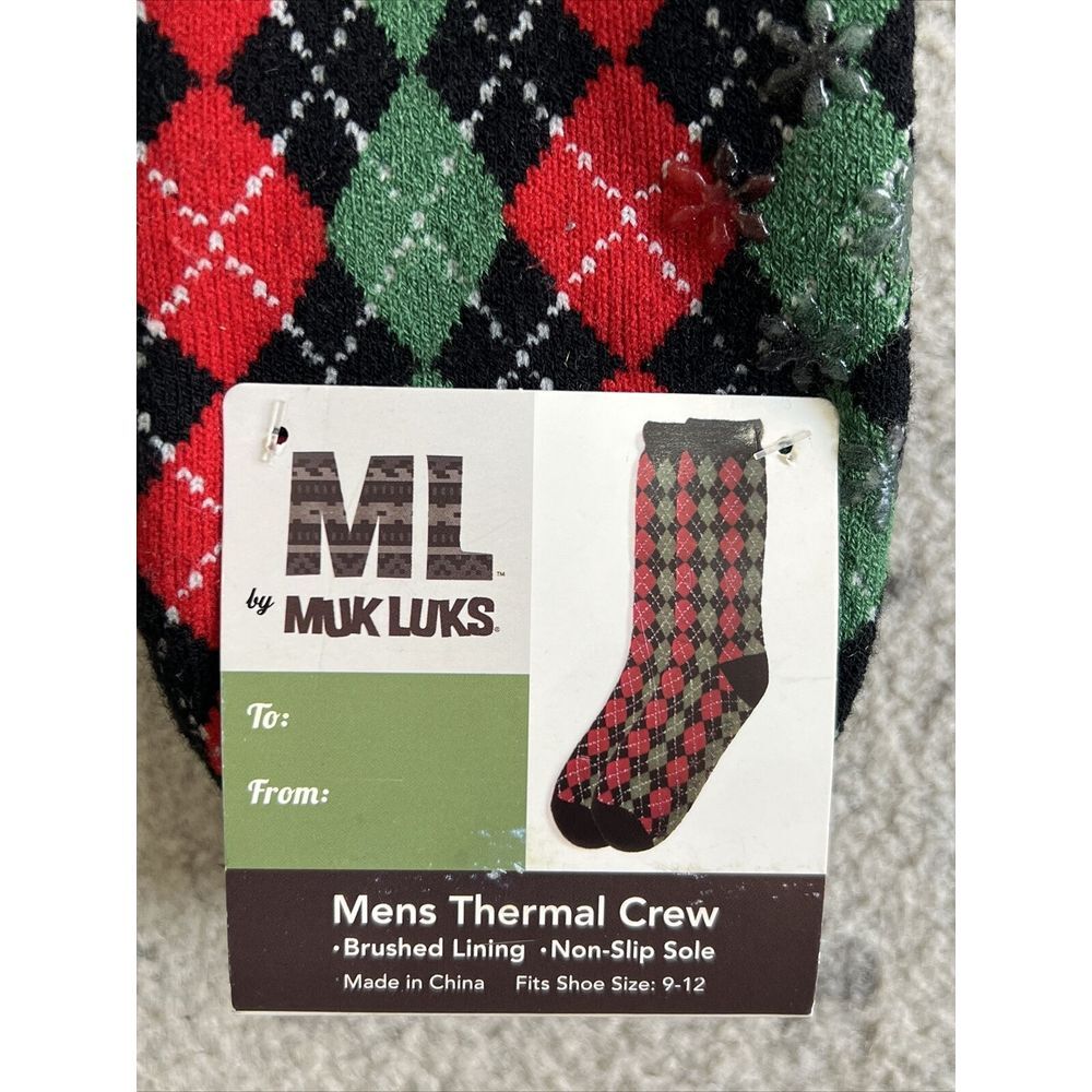 Men Muk Luks Thermal Crew Socks‎ Sz 9-12 M-L Red/Green Argyle Christmas Non Slip - Picture 2 of 6